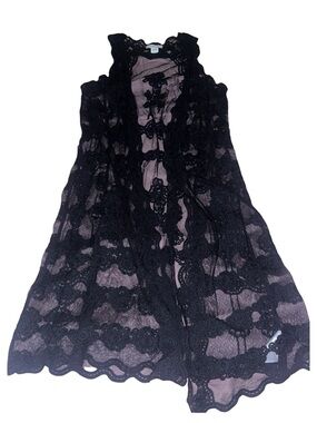 Rachel Zoe Black Sheer Lace Sleeveless Duster Top One Size OS EUC